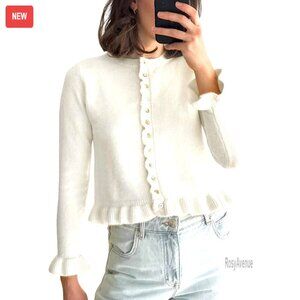 Cropped Button-Down Cardigan, Ruffle Crewneck, Slim Fit, Knit Sweater